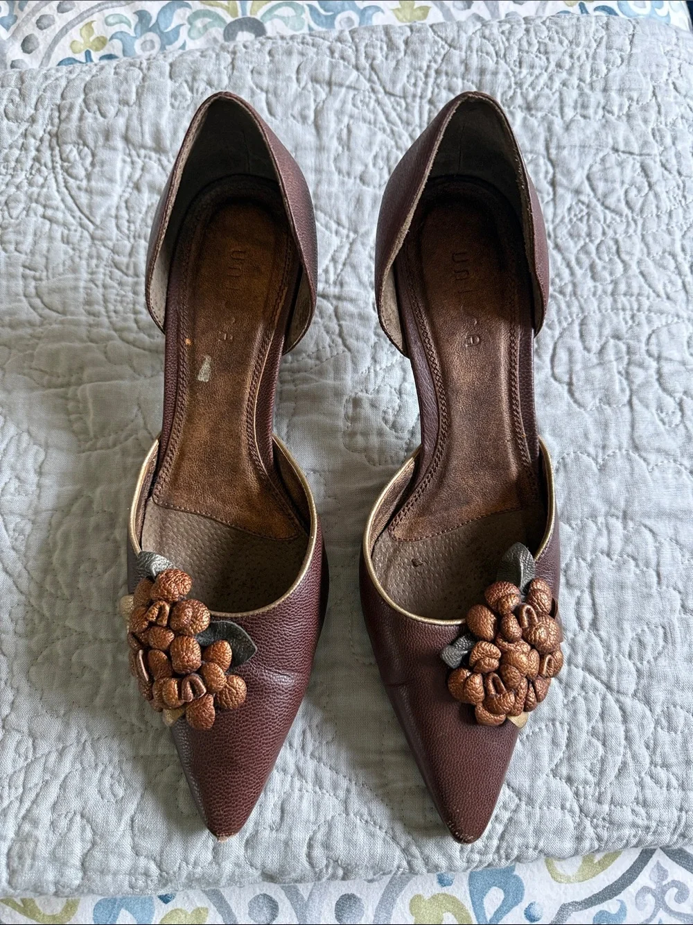 Unisa brown heels with 3D floral embellishments